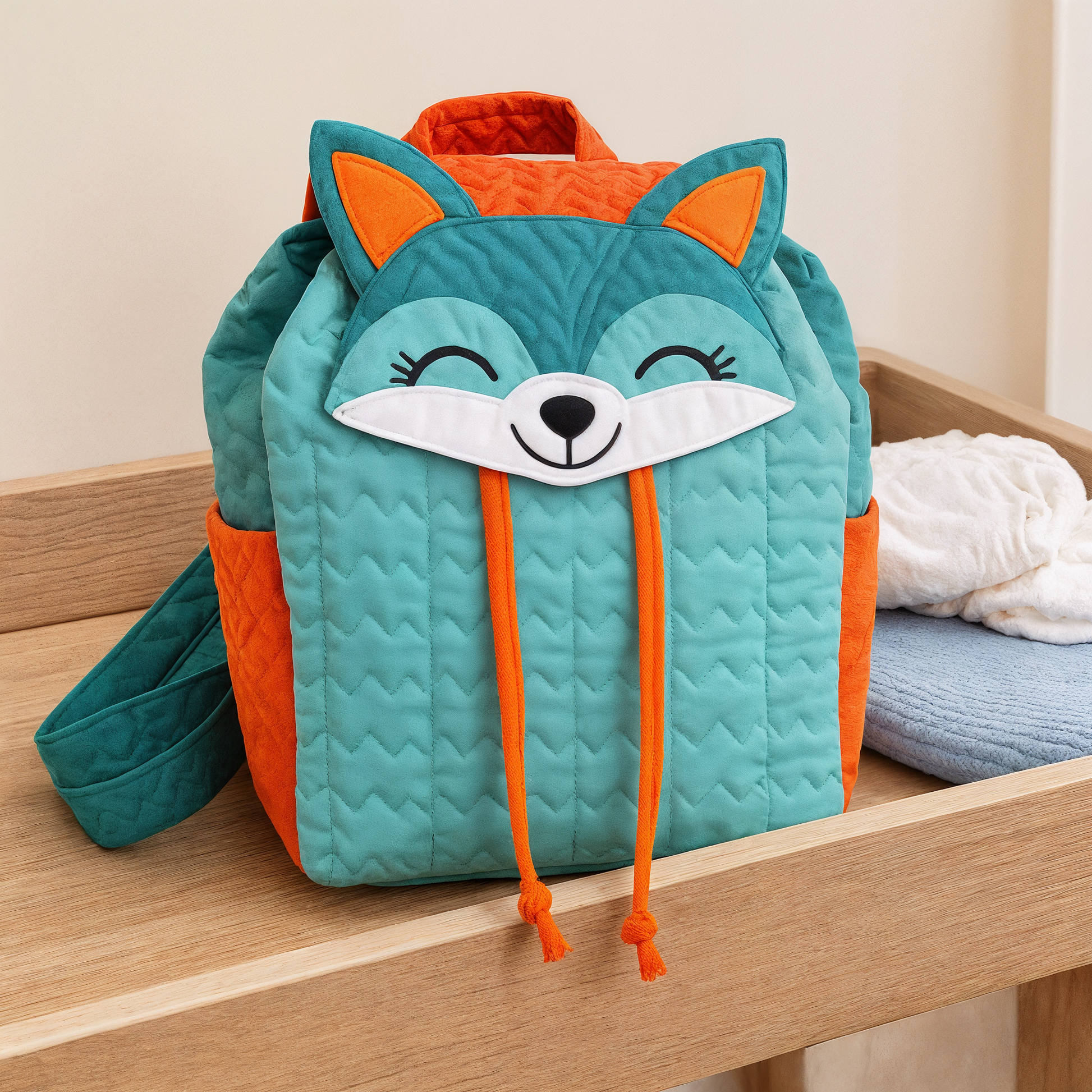 The Freddie Fox Backpack Downloadable PDF Quilt Pattern, showcasing a cute quilted fox design in teal and orange, is displayed on a light wooden surface.