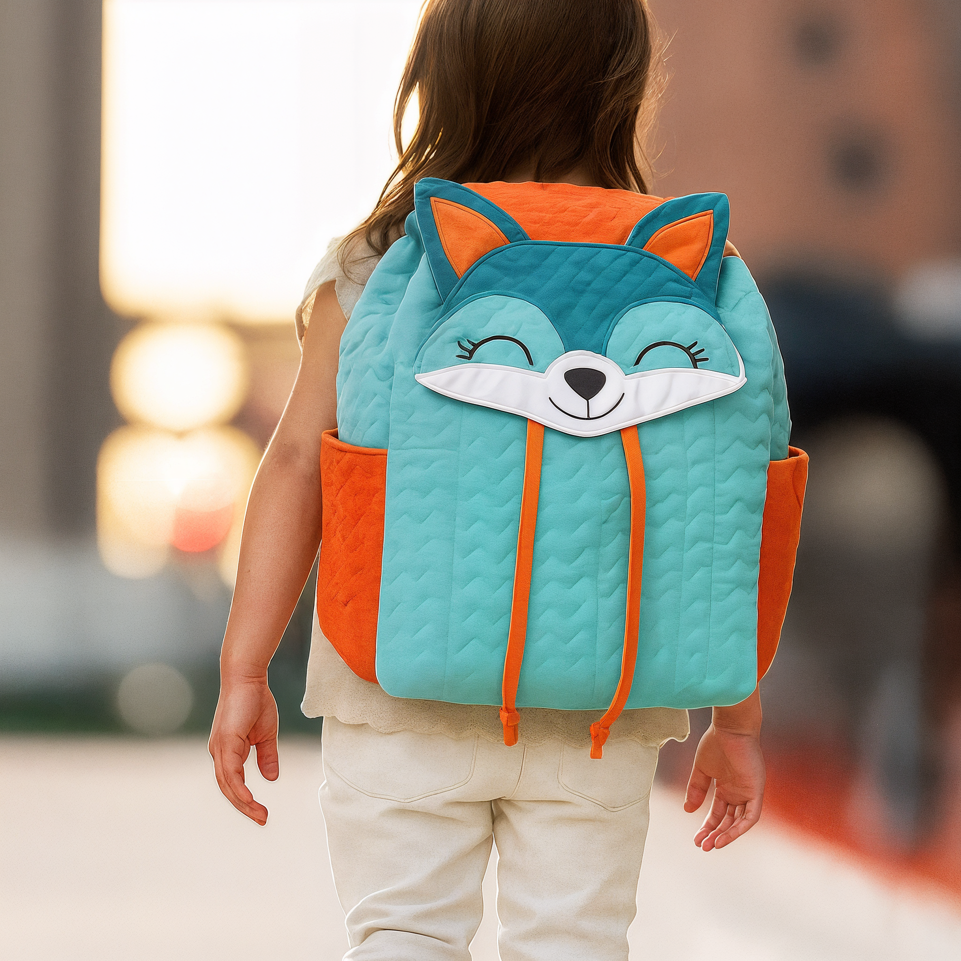 Outdoors in a city, a child carries a backpack sewn from the Freddie Fox Backpack Downloadable PDF Quilt Pattern, featuring blue, orange, and white quilted sections that form a smiling cartoon fox design.