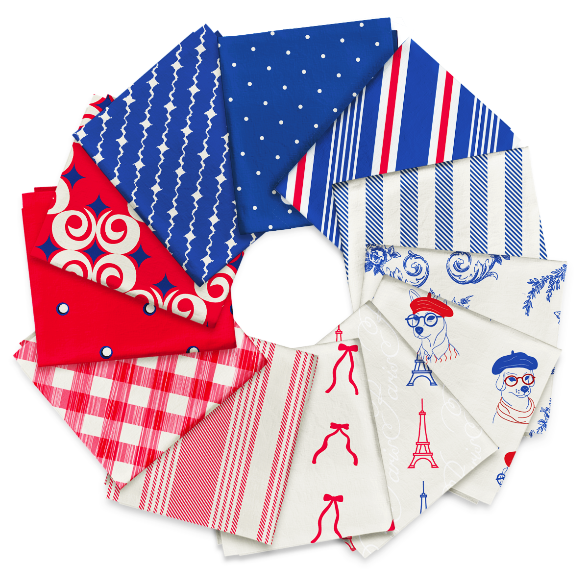 The French Play - Fat Quarter Bundle features twelve quilting cotton squares in red, white, and blue with stripes, dots, checks, and decorative patterns arranged in a circular display.