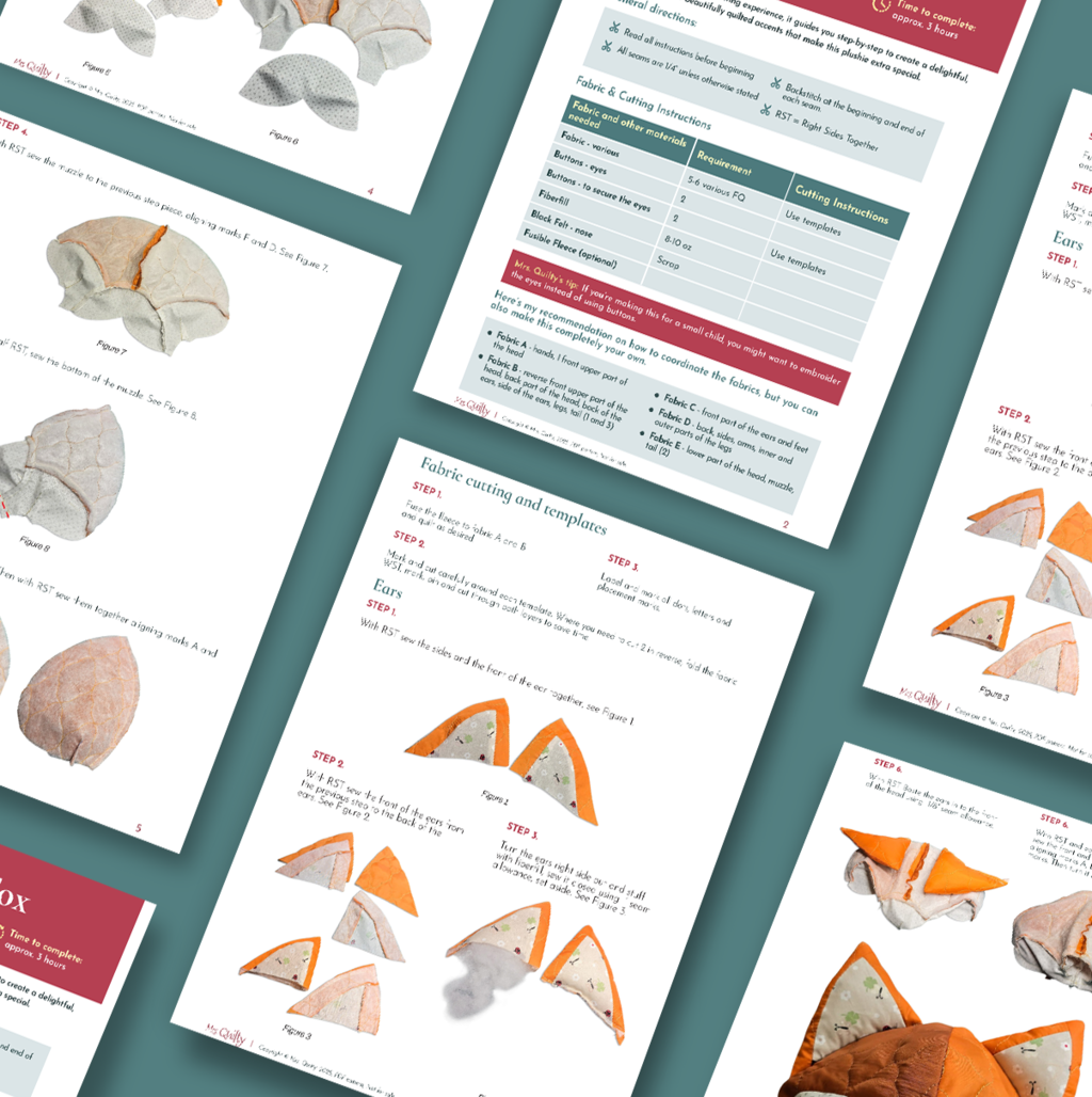 The Freya the Fox Downloadable PDF Quilt Pattern includes illustrated sewing instructions, fabric templates, and material lists for creating a fox-shaped quilt, all showcased on a teal background.