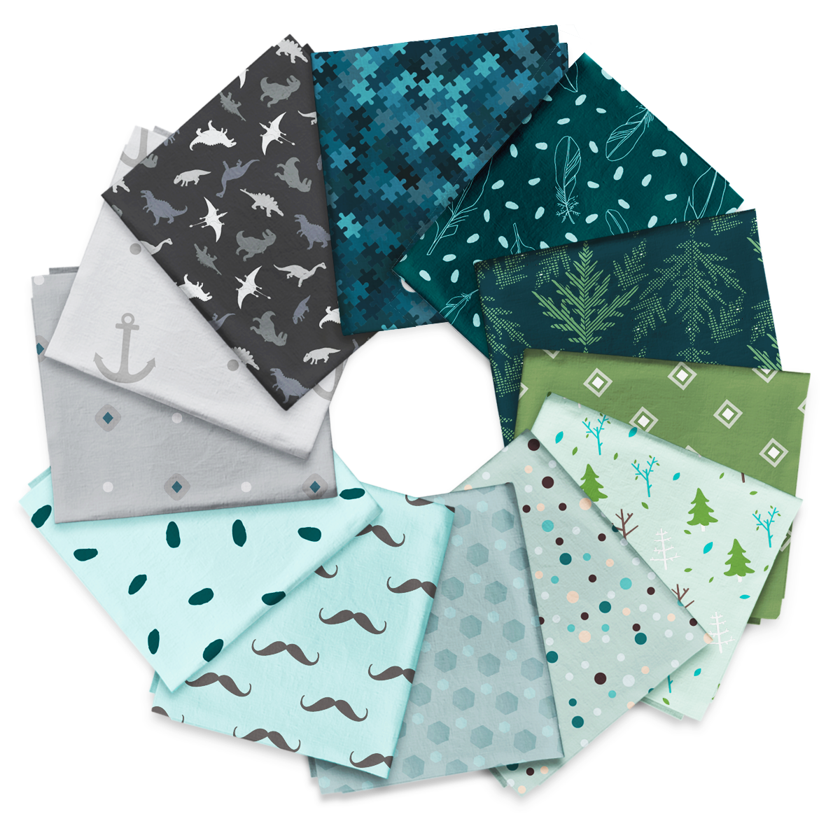 The Harbor & Home - Fat Quarter Bundle includes 12 circularly arranged 100% cotton squares with blue, green, and gray nautical, animal, tree, mustache, anchor, and geometric patterns—perfect for quilting projects.