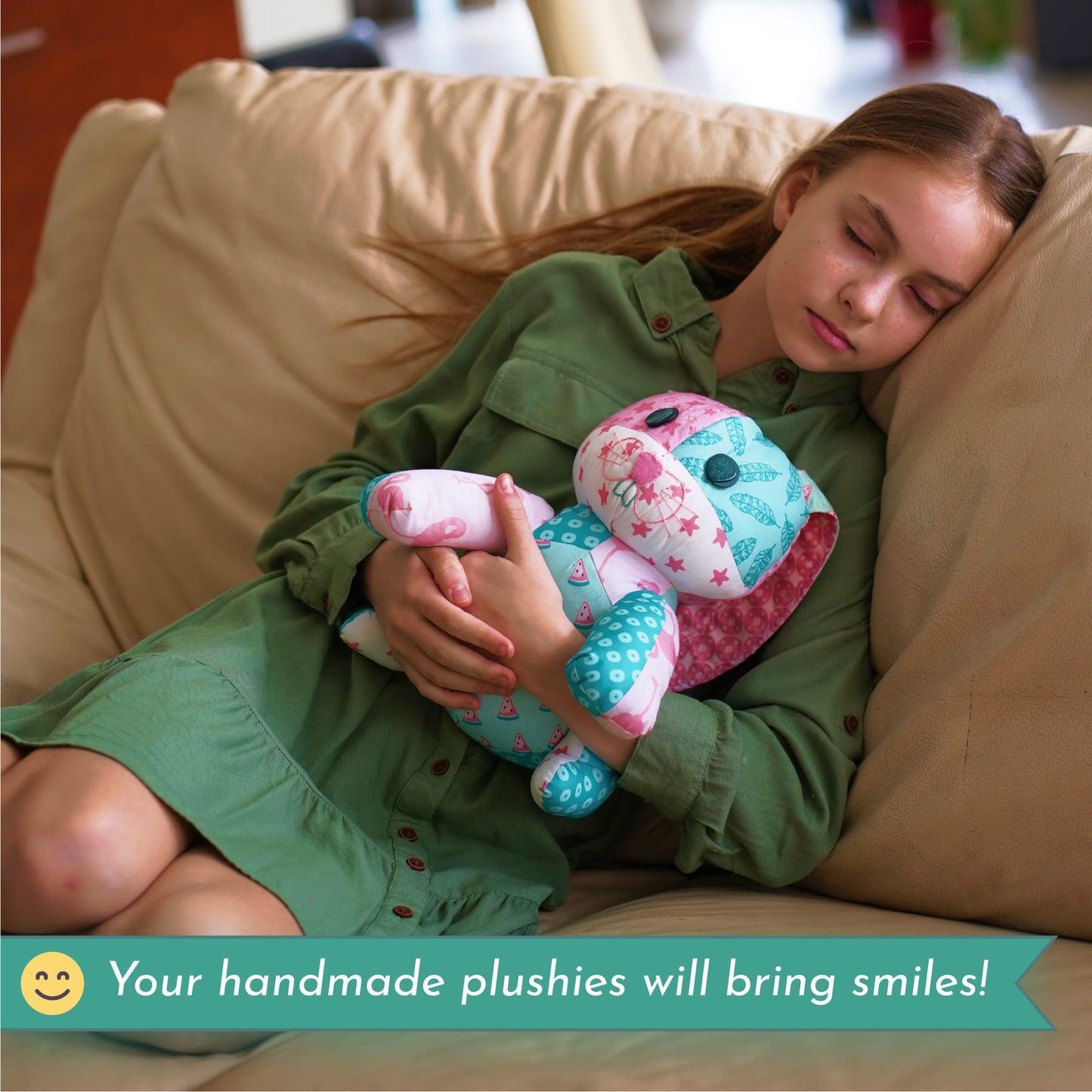 A girl in a green dress sleeps on a couch with a handmade plushie. A banner reads, "Mrs. Quilty Plushies – Bundle of 14 Quilted Patterns will bring smiles!"—find inspiring stuffed animal sewing patterns for your next creation.