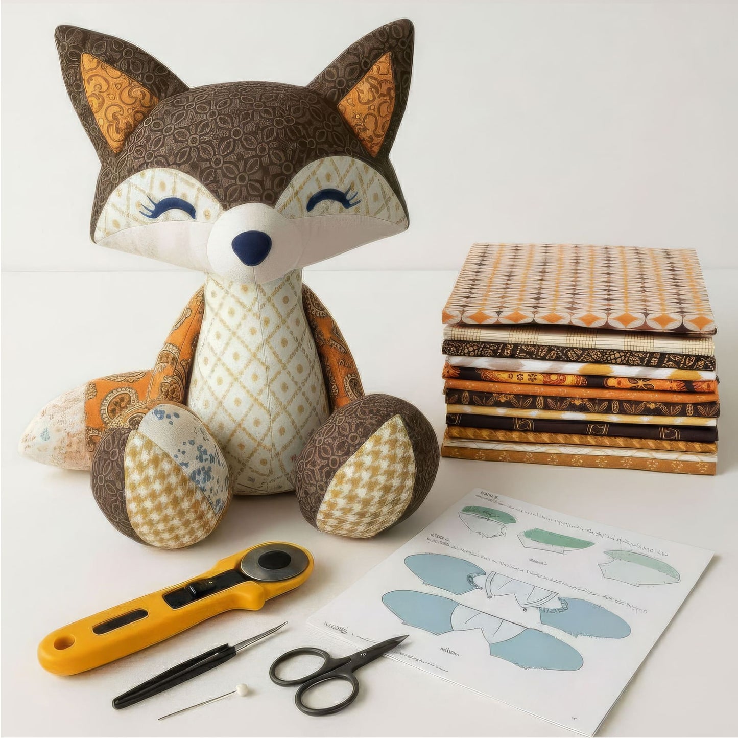 A stuffed fox sits beside quilting tools and fabric—offering perfect inspiration for those interested in handmade plushies or creating their own with the Mrs. Quilty Plushies – Bundle of 14 Quilted Patterns.