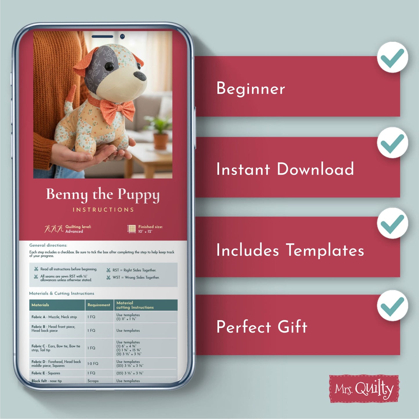 A smartphone displays "Mrs. Quilty Plushies – Bundle of 14 Quilted Patterns," featuring beginner-friendly, instantly downloadable templates and great gift ideas—ideal for handmade stuffed animal fans.