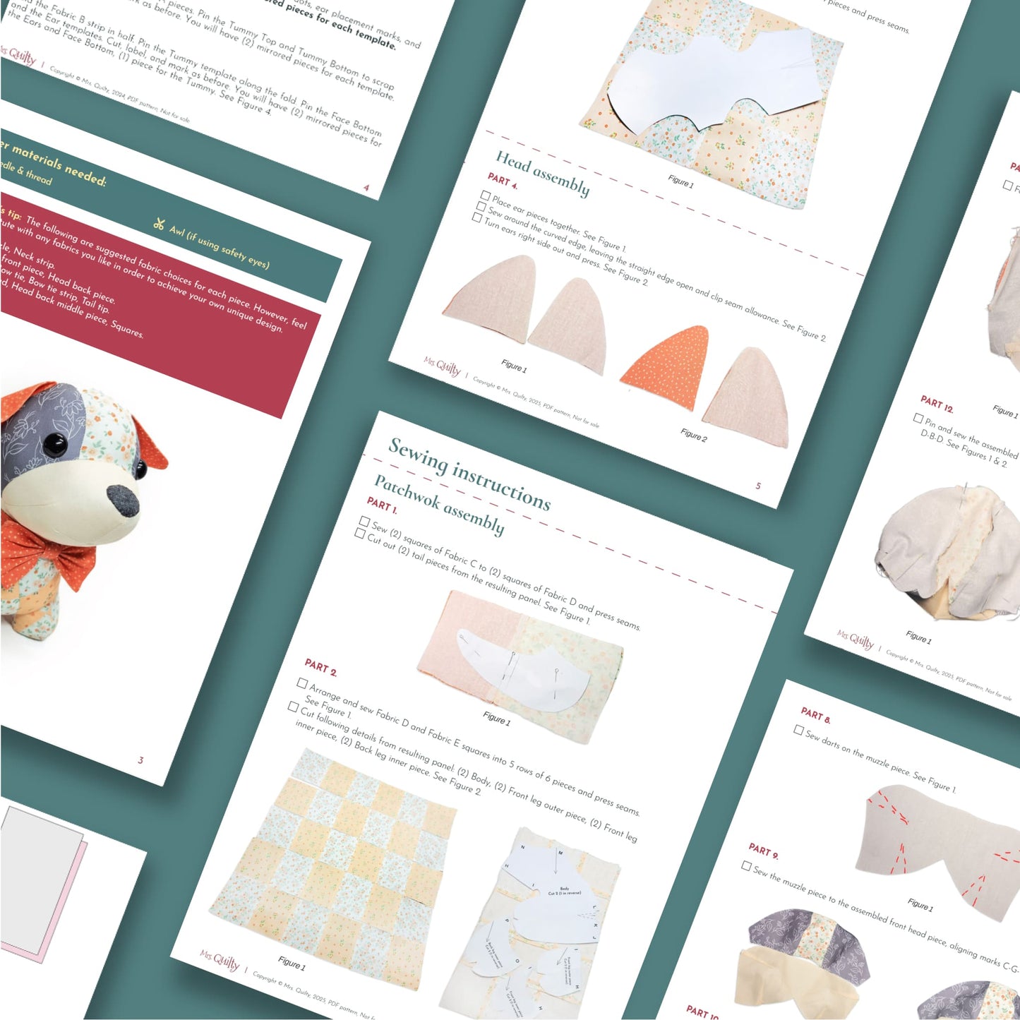 Sew a patchwork stuffed dog with Mrs. Quilty Plushies – Bundle of 14 Quilted Patterns; includes instructions, checklists, fabric pieces, diagrams, and a photo—ideal for anyone who loves making stuffed animals.