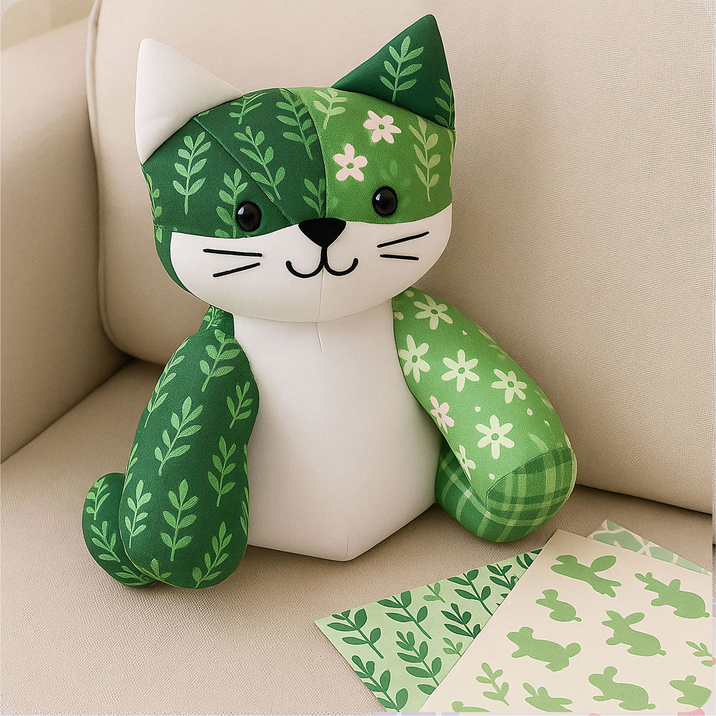 The Mrs. Quilty Plushies – Bundle of 14 Quilted Patterns features a plush cat made from green and white floral fabric, shown on a beige couch beside green bunny print papers—ideal inspiration for creating your own stuffed animals or quilted plushies.