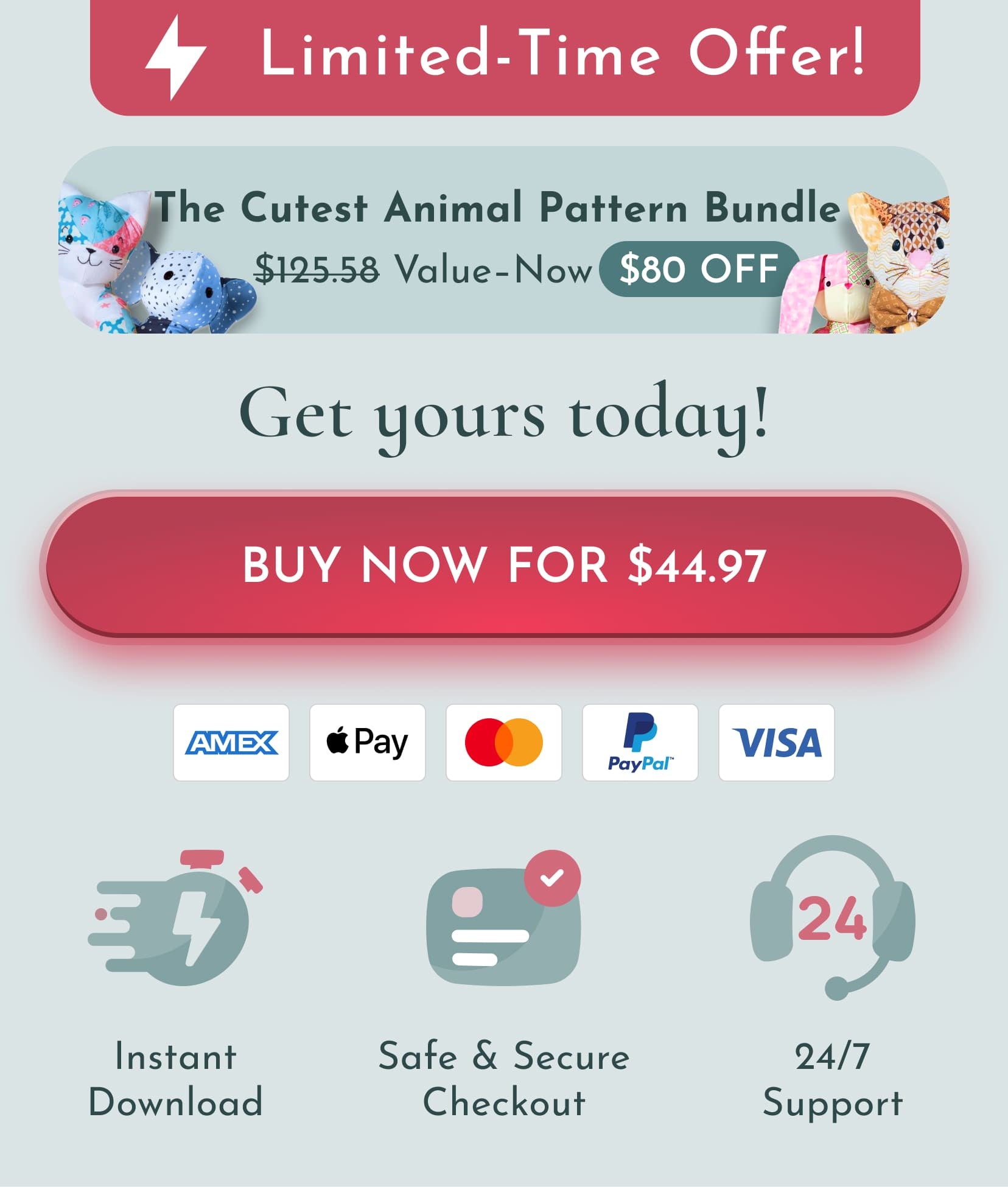 Promotional graphic for a limited-time offer on an animal pattern bundle with pricing and payment options.