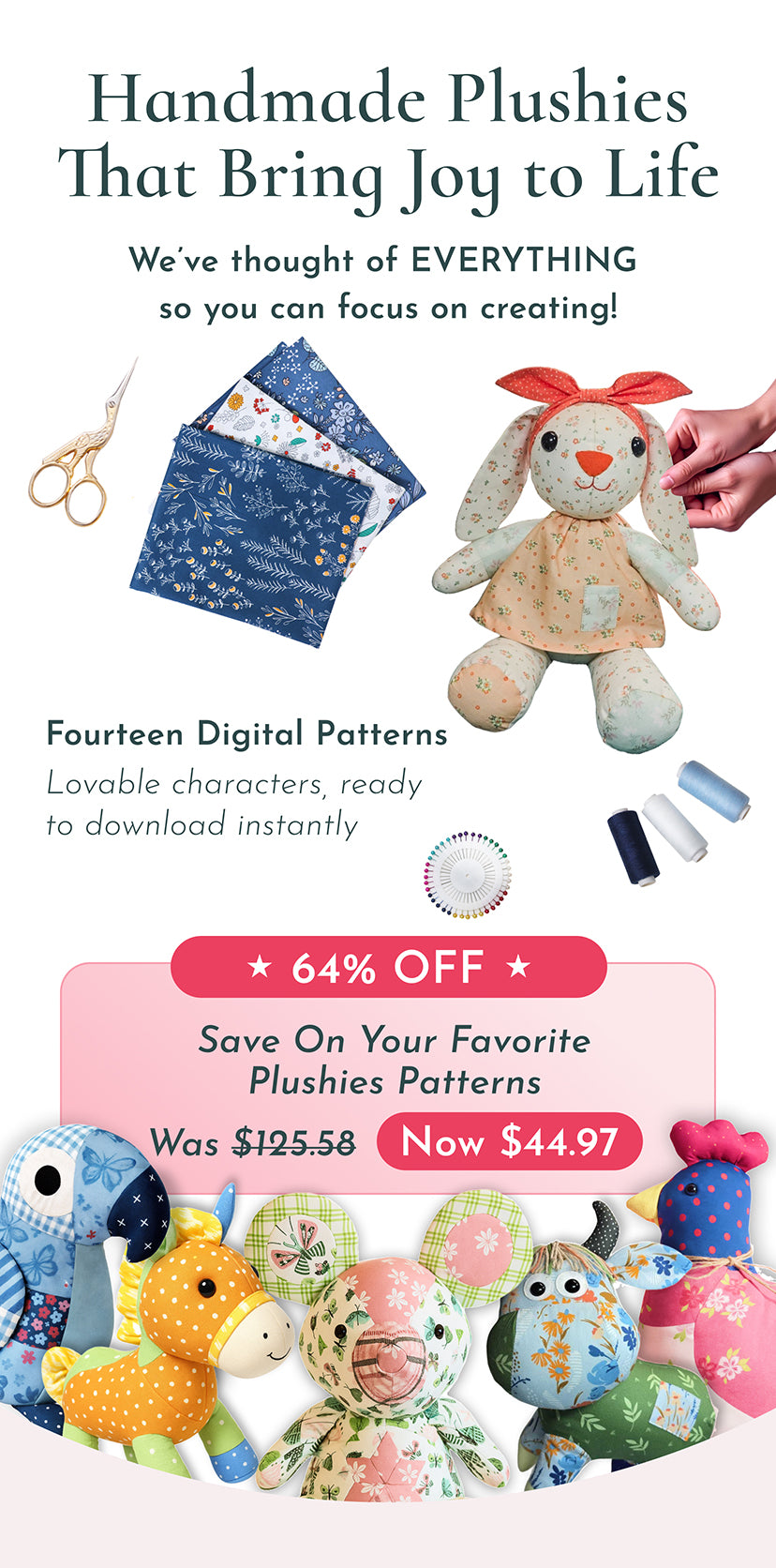 Promotional graphic for handmade plushies patterns with various plush toys and digital pattern packages.
