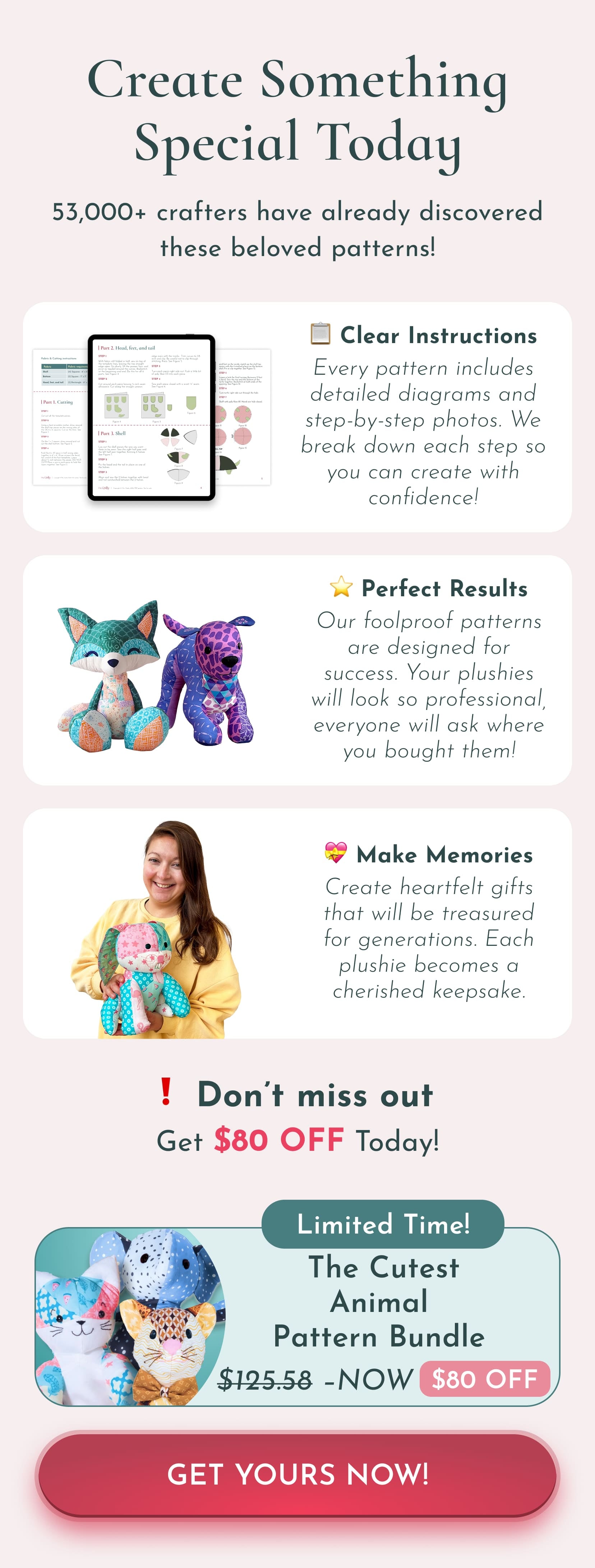 Promotional graphic for a pattern bundle with cartoon animals and text about crafting.