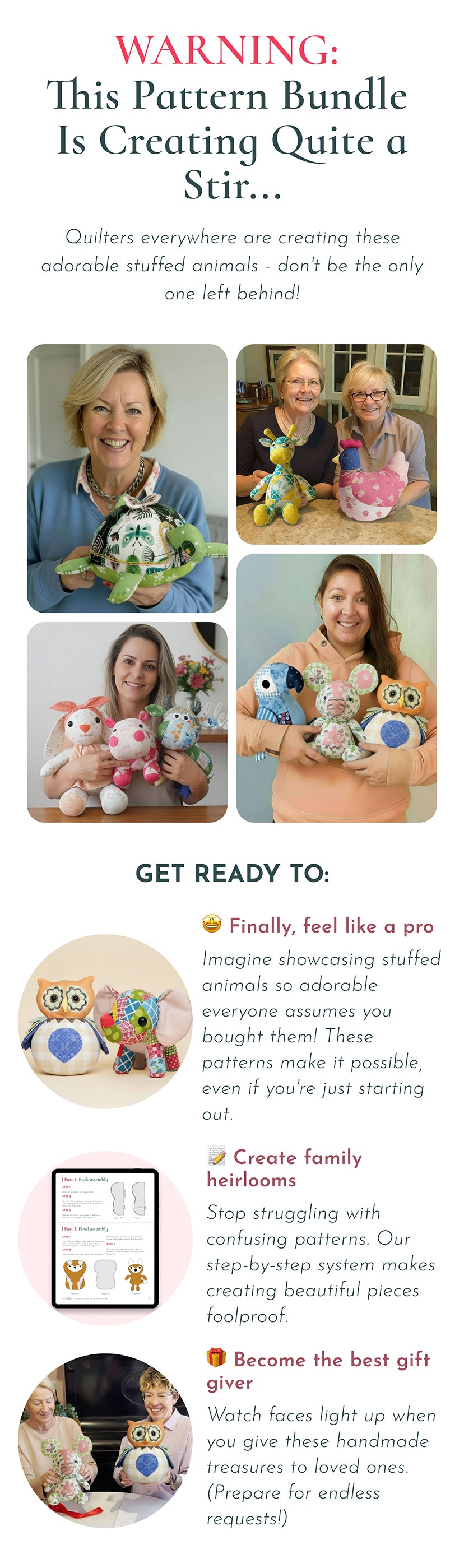 Promotional graphic for a pattern bundle with images of people holding stuffed animals and text about family and creativity.