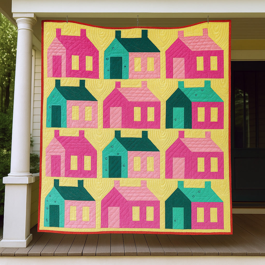 A Bundle of 14 Quilt Patterns, featuring a colorful repeated house design in pink, green, teal, and yellow—ideal for beginner quilters—is displayed hanging on a porch railing.