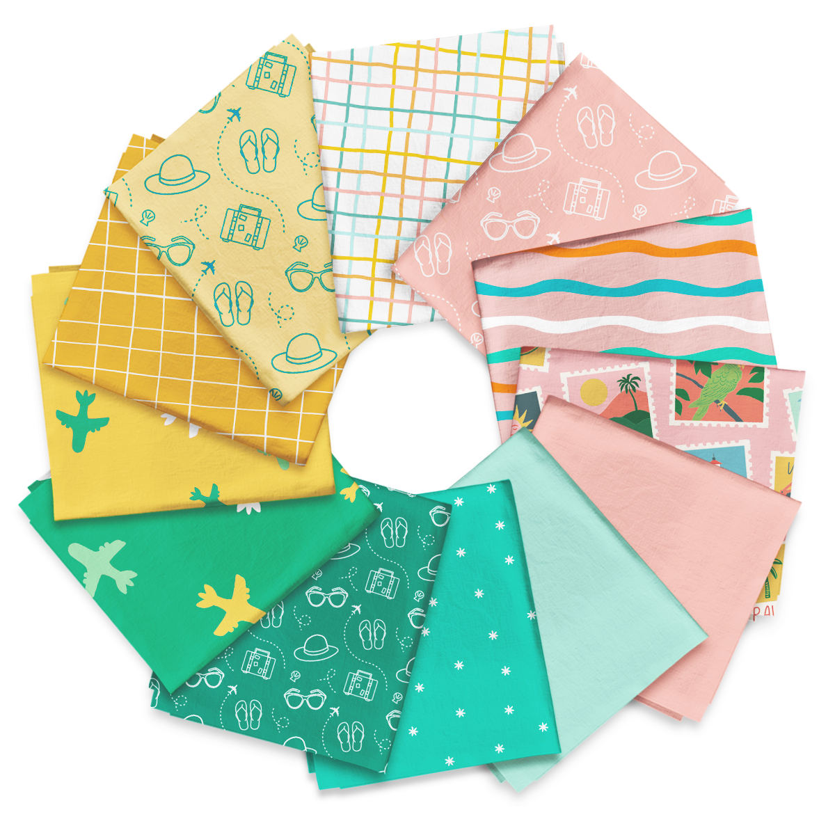 The Travel Treasures Fat Quarter Bundle displays vibrant quilting cotton squares in a circular arrangement, featuring travel-themed fabric patterns, geometric shapes, and summer motifs in yellow, teal, pink, and white.