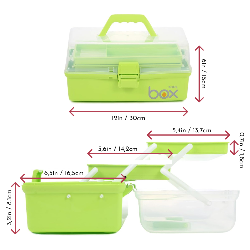 The Three-Layer Multipurpose Organizer Box, ideal for quilting tools, features a green design with a transparent lid, handle, and latch. Measuring 12in x 6in x 3.2in, its design efficiently reveals compartments for optimal sewing storage solutions.